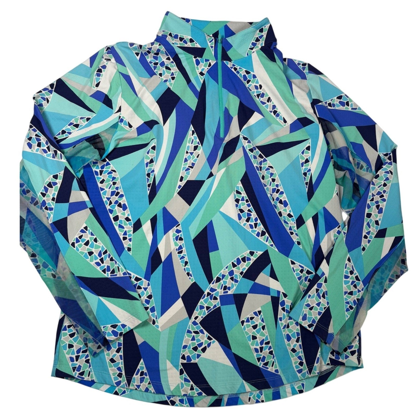 IBKUL Briana Long Sleeve Mock Neck Top Sun Shirt Blue Geometric Mosaic UPF 50 L