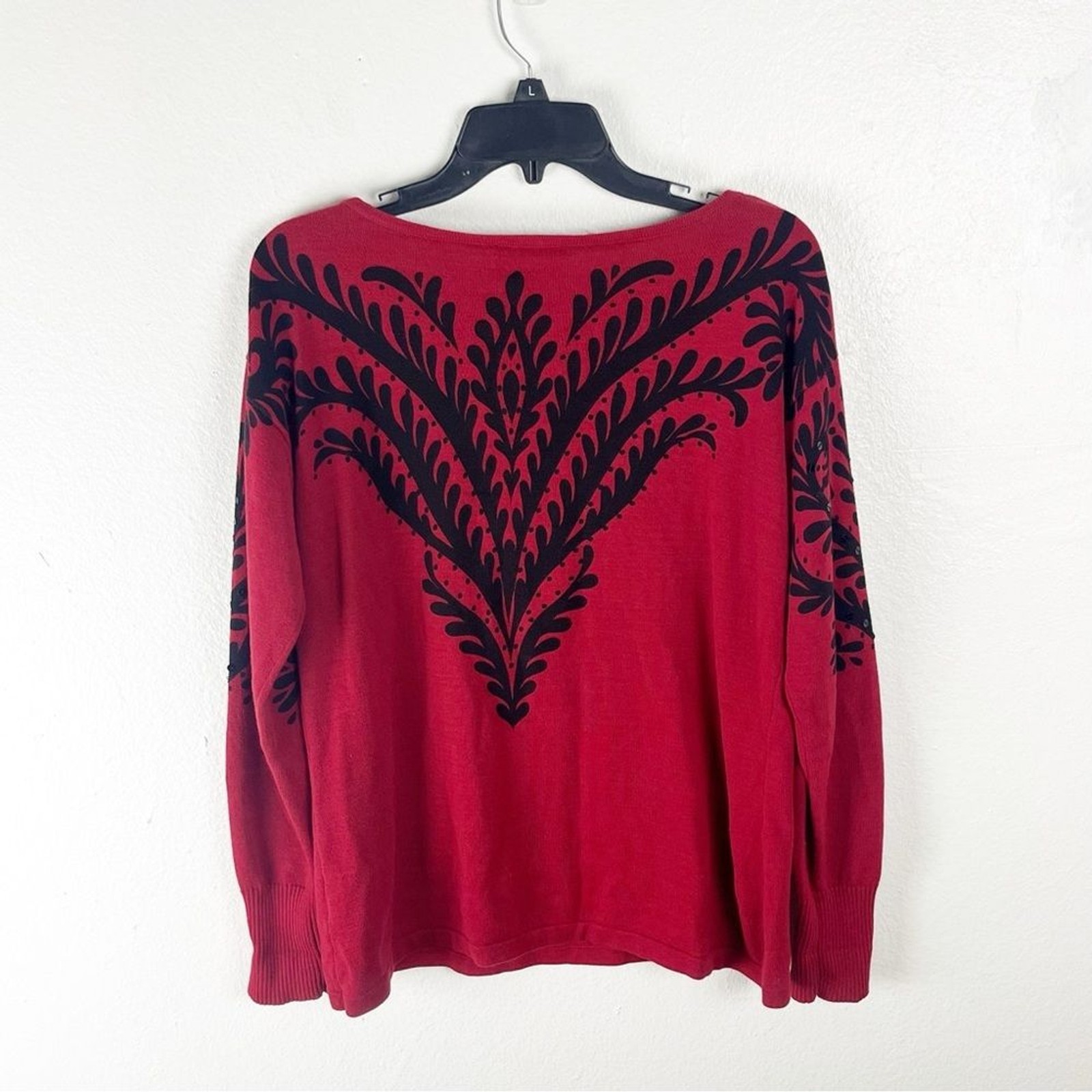 BOB MACKIE Red Black Embroidered Sequins Long Sleeves Wearable Art Blouse Small