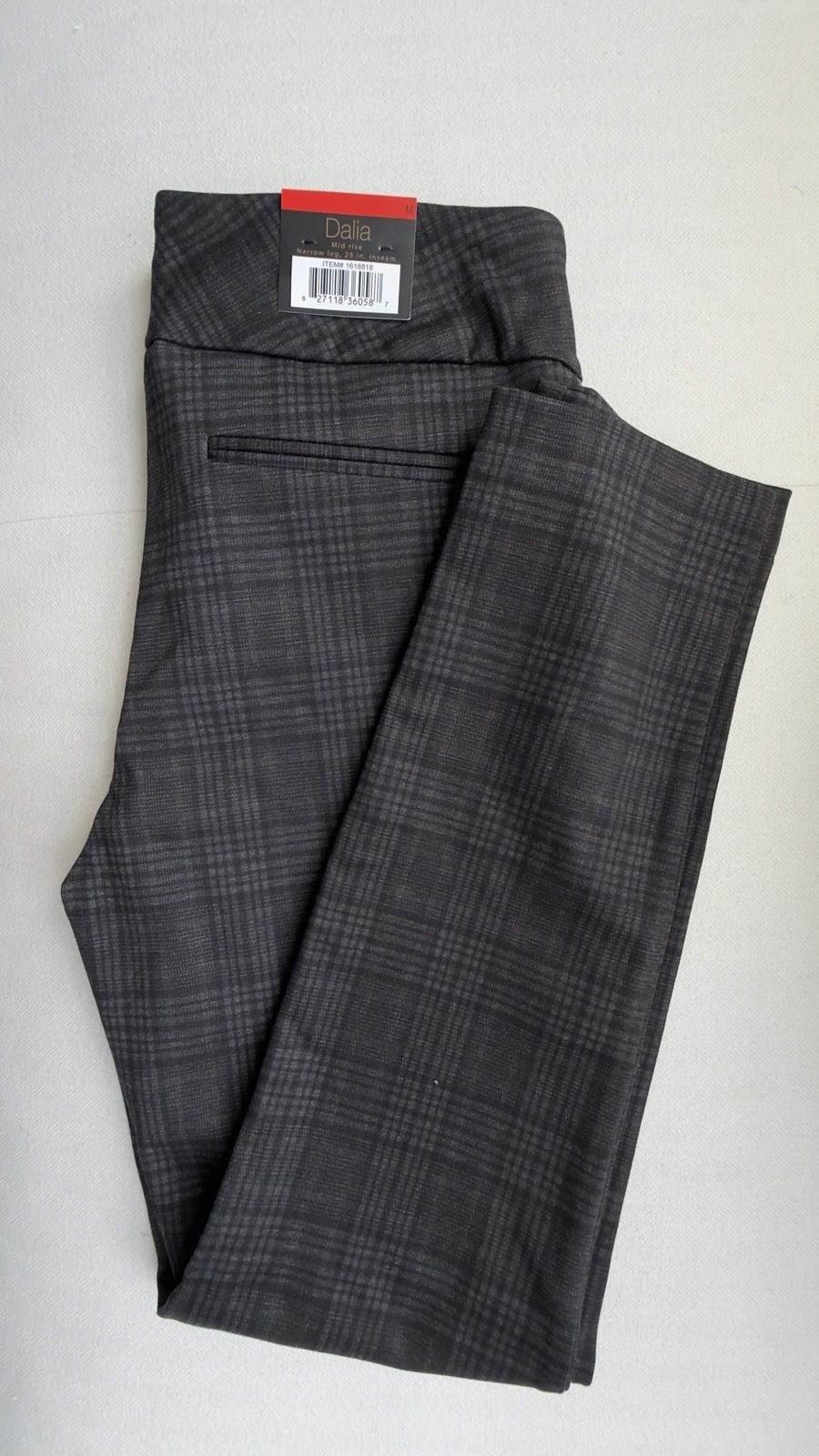 Dalia Women’s Charcoal/Mustard Plaid Pull-On Skinny Dress Pants Pockets M