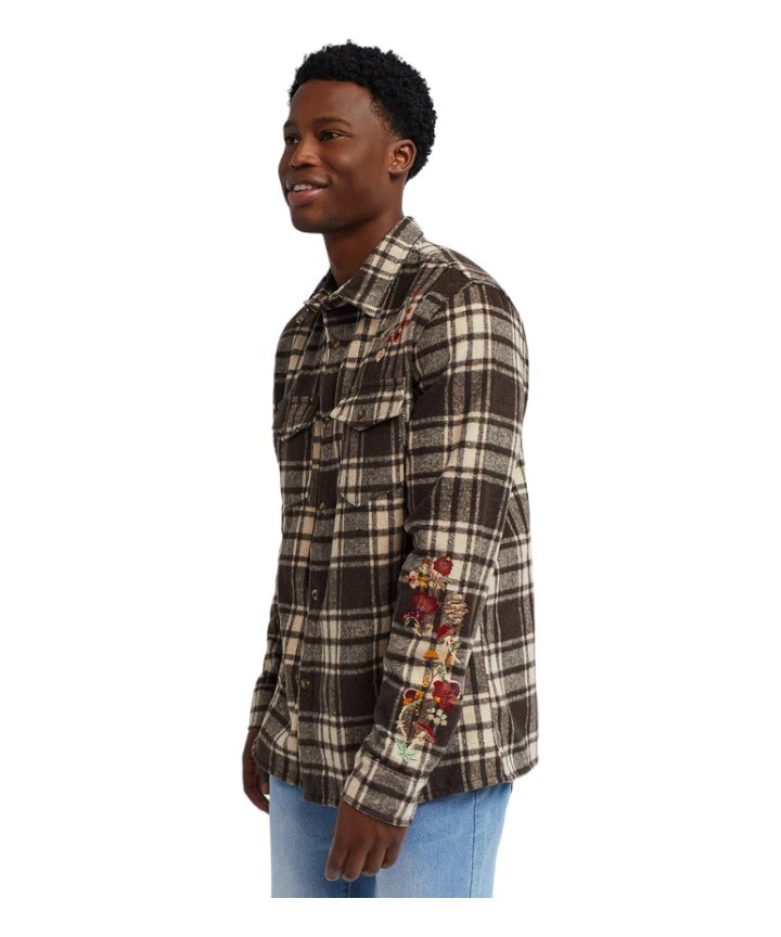 Reason Botanic Embroidered Flannel Overshirt Button Up Brown Men’s Size Medium