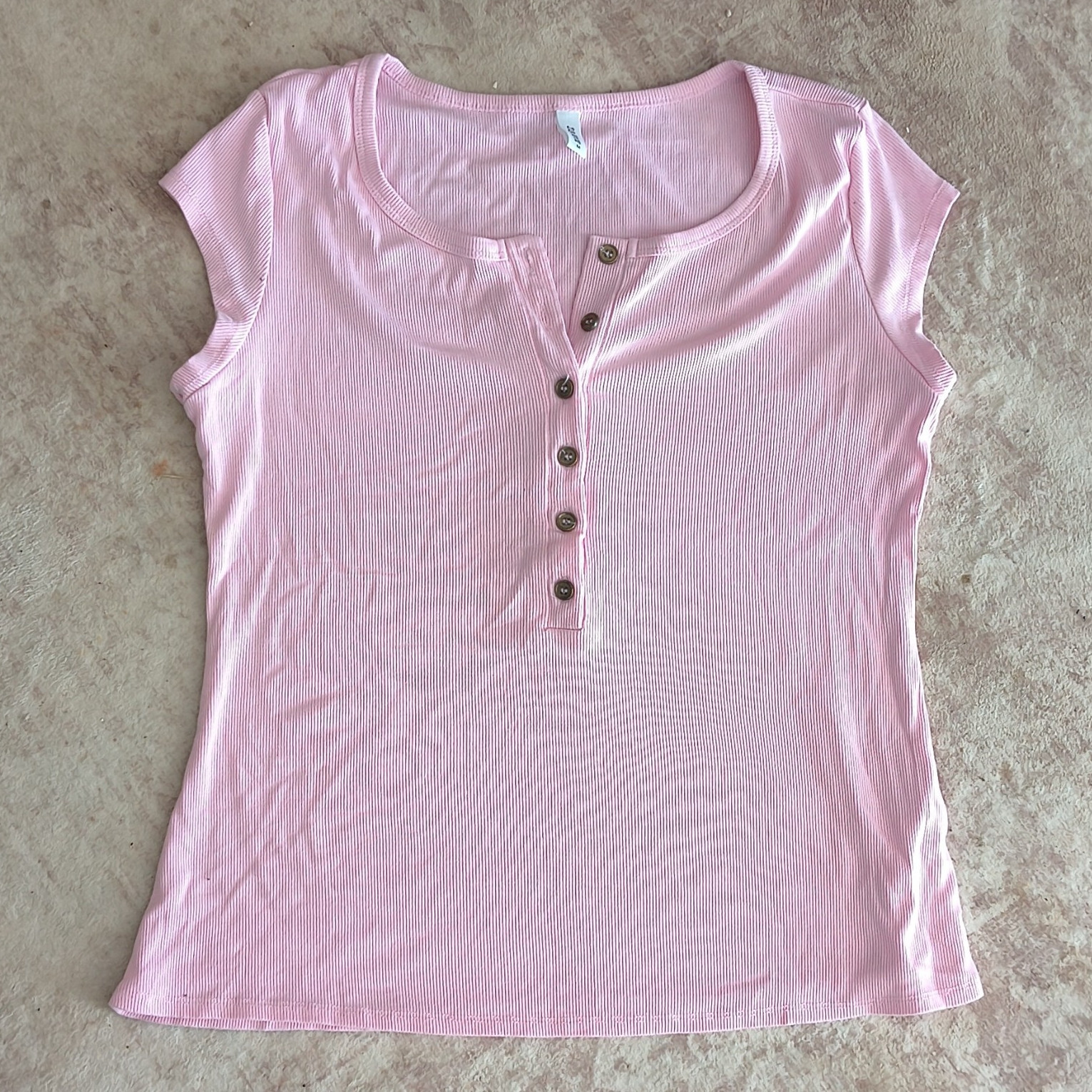 De Moohy Pink Solid Ribbed Scoop Neck Cap Sleeve Button Henley T-Shirt M