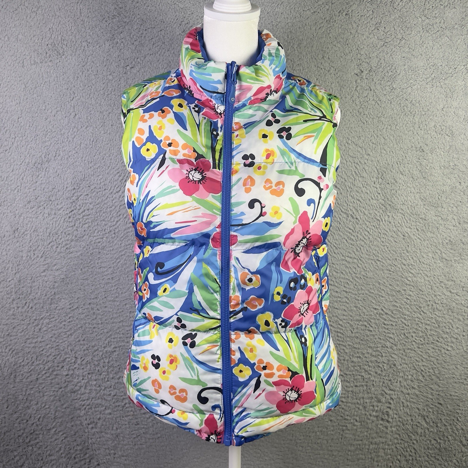 IBKUL Vest Women Small Blue Floral Reversible Puffer Zip Active Outdoors Golf