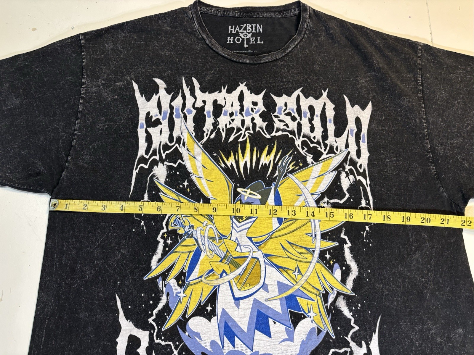 Large Hot Topic HazbinHotel Graphic Tee TShirt Adam Guitar Solo Mineral Wash