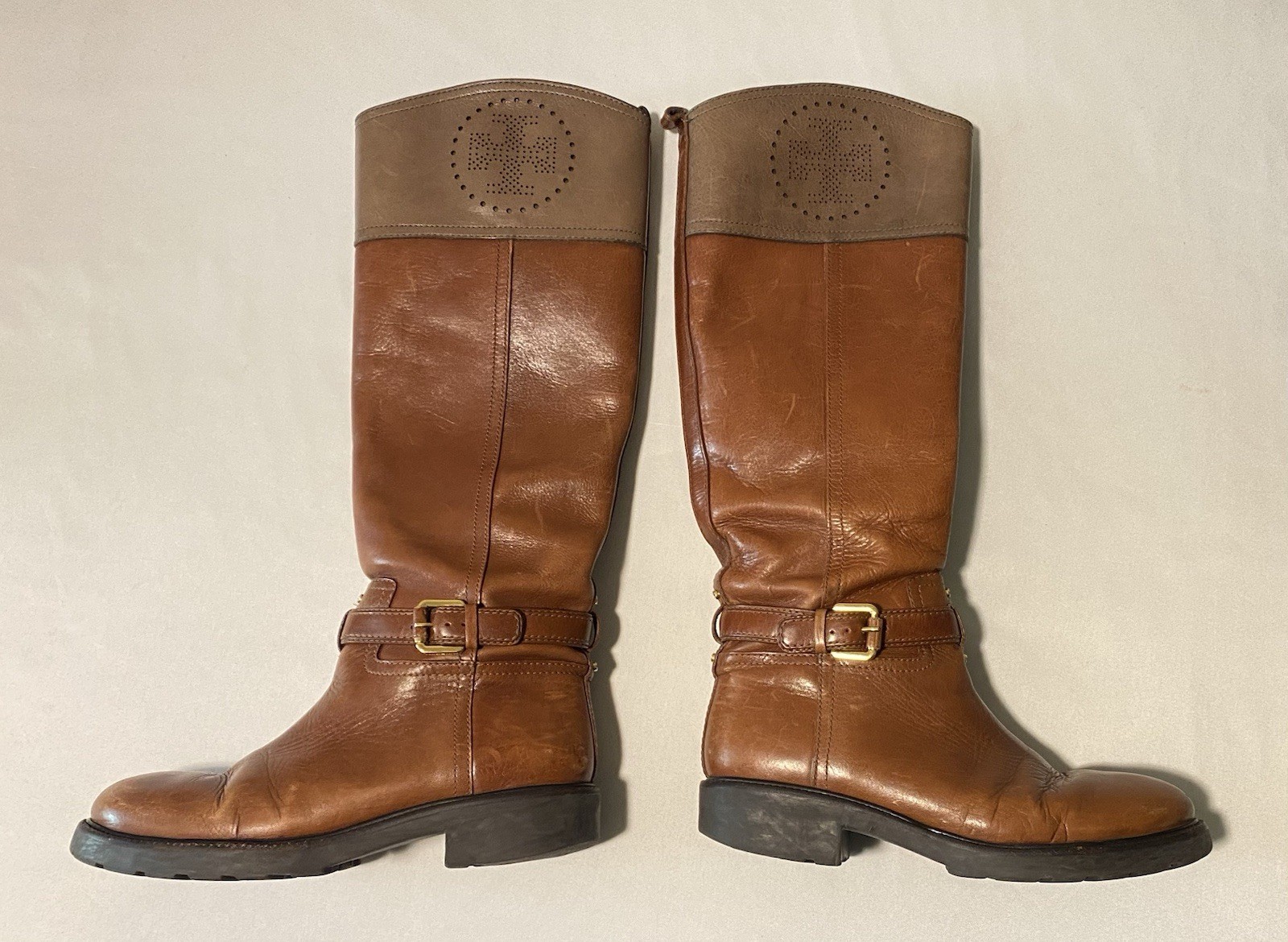 Tory Burch Colorblock Brown & Gray Zip Buckle Riding Boots Women’s Shoes Size 9M