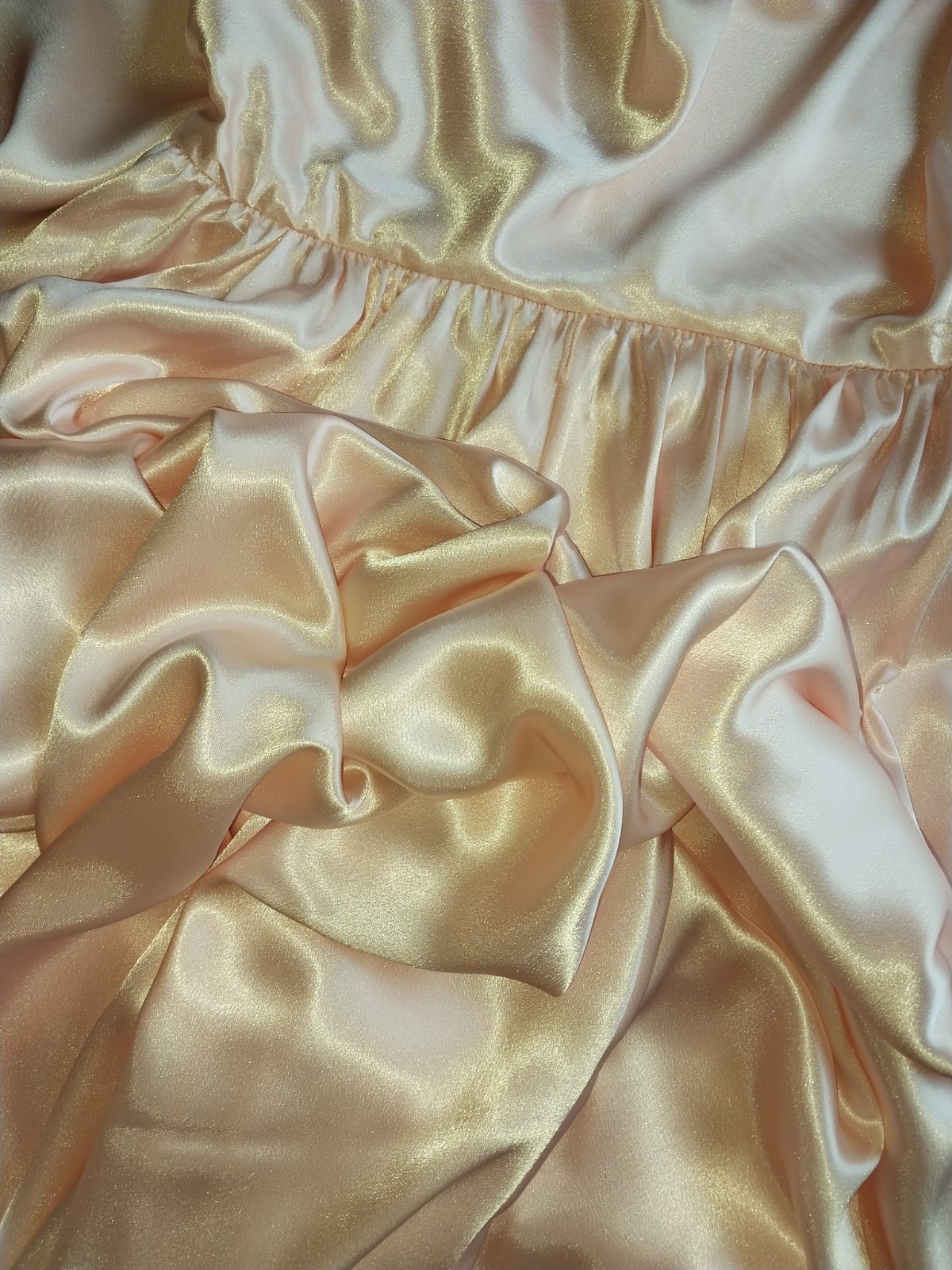 Vtg SATIN IMPORTED PEACH PINK COWL CASCADE 350″ GRAND SWEEP FLARE MAXI DRESS L42