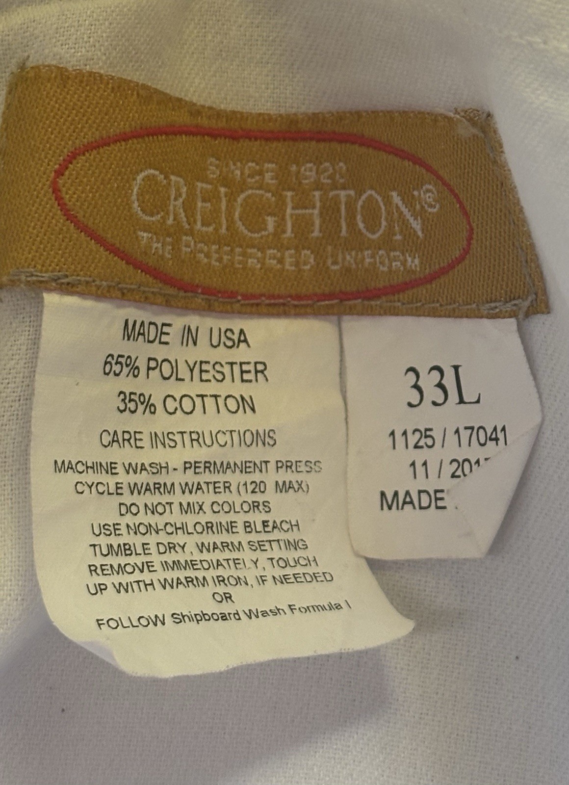 Creighton The Preferred Uniform Men’s White Twill Work Pants 33W Straight Fit