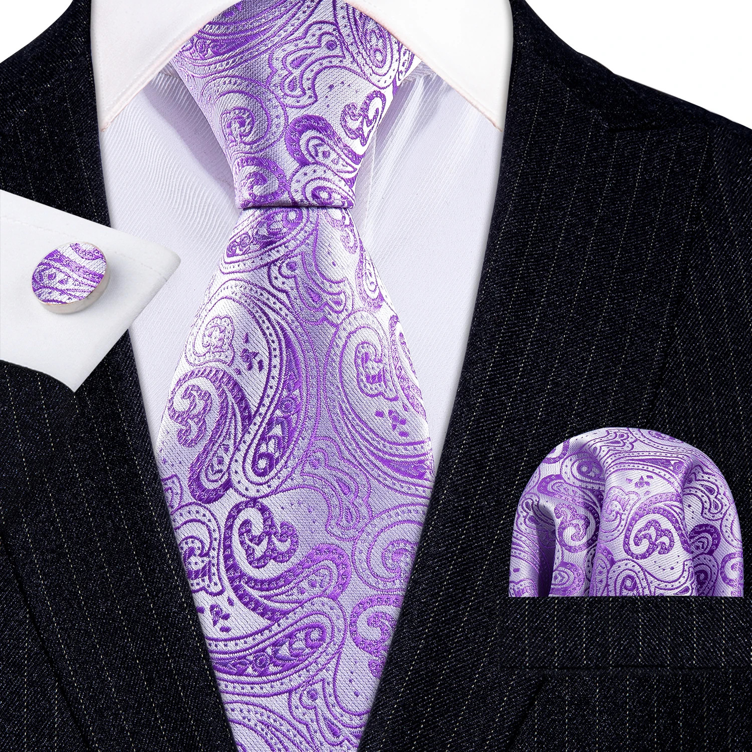 Silk Jacquard Tie Set Floral Violet Necktie Hanky Cufflinks Wedding Men’s Ties