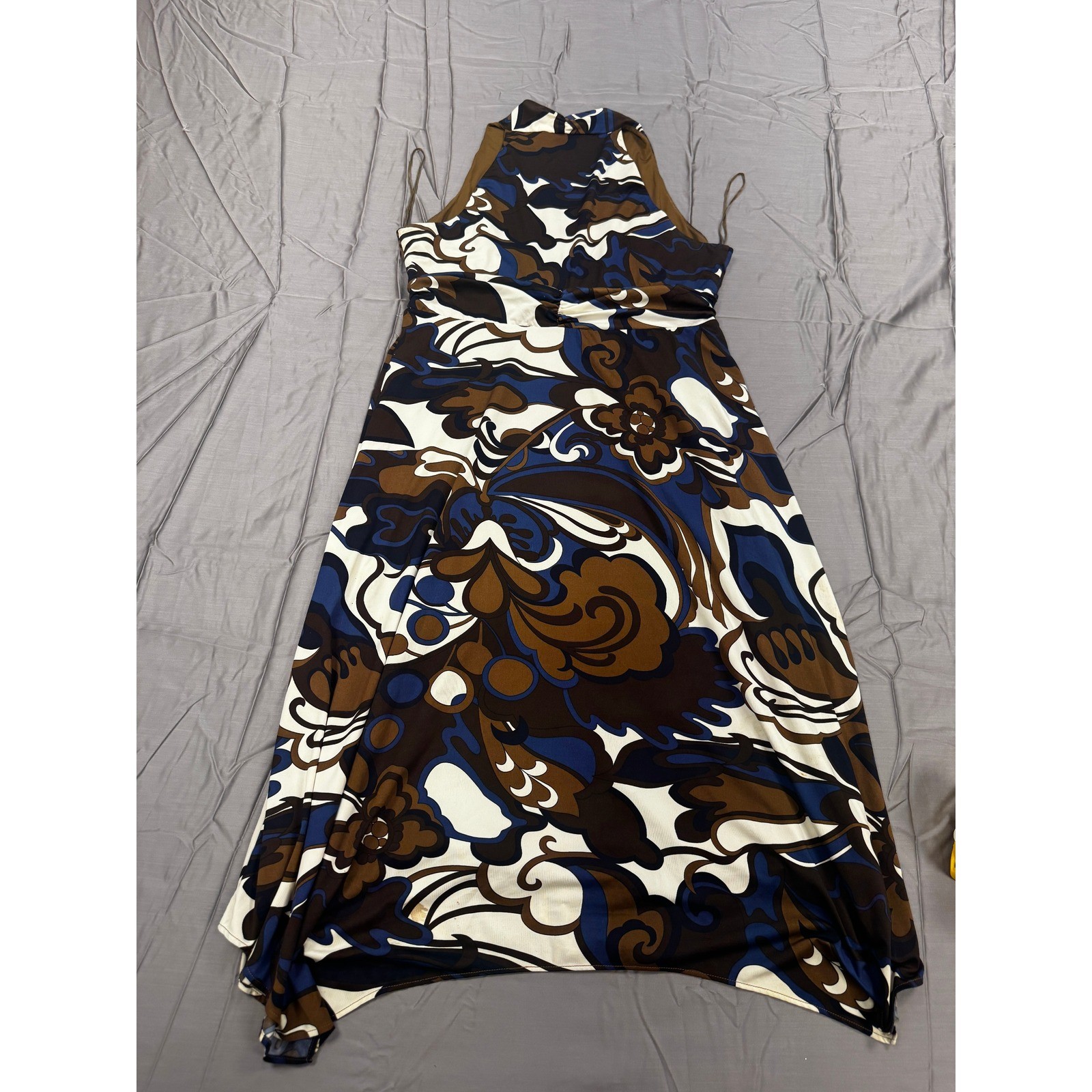 INC International Concepts Brown Blue Floral Halter Handkerchief Maxi Dress L