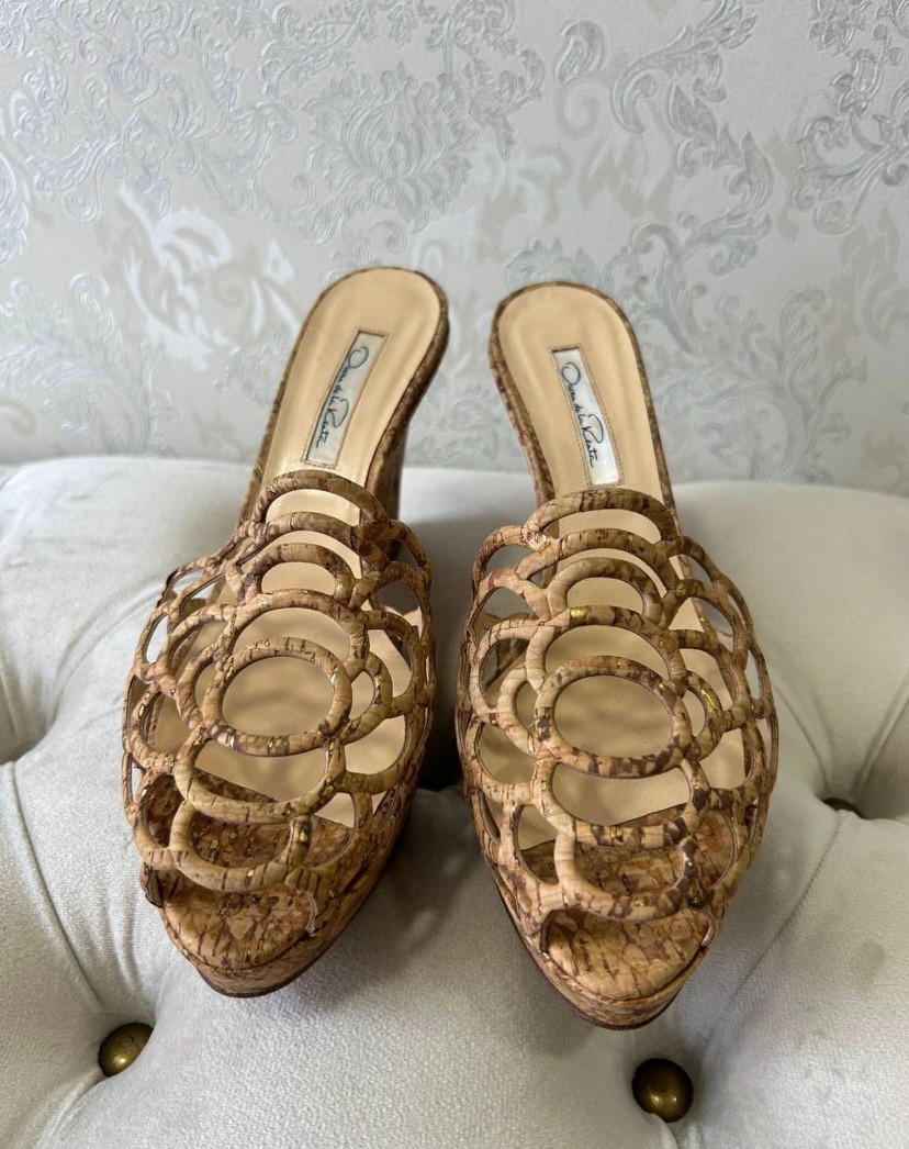 Oscar de la Renta Cork Wedge Sandals Mules Cutout Gold Fleck EU 40 US 10