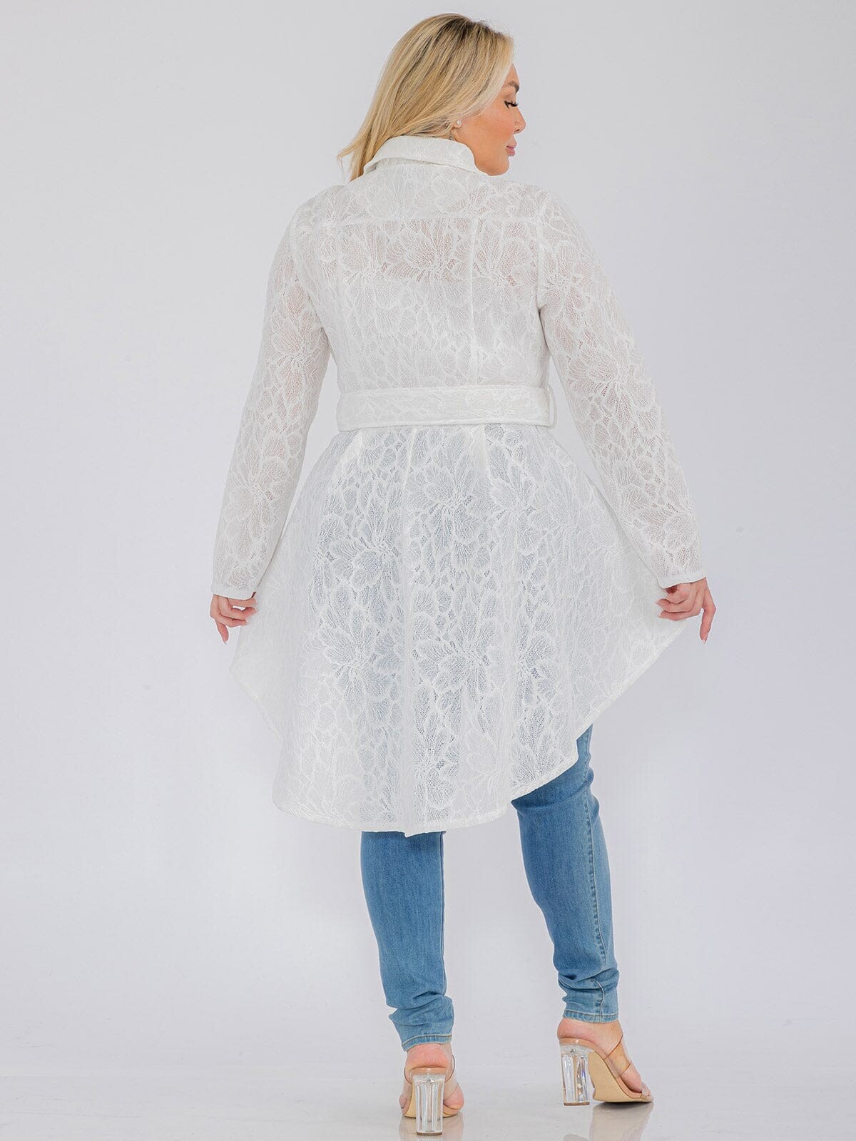 Womens Plus Size White Lace High Low Jacket 2X Zip Up Belted