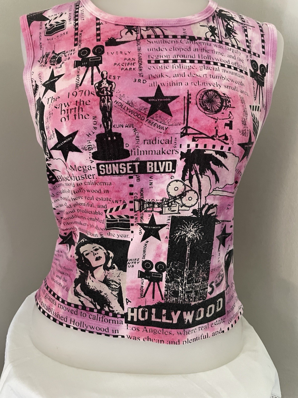Vtg GLIMA Hollywood Newspaper Collage Pink Tank Top Y2K Grunge Punk Sz M