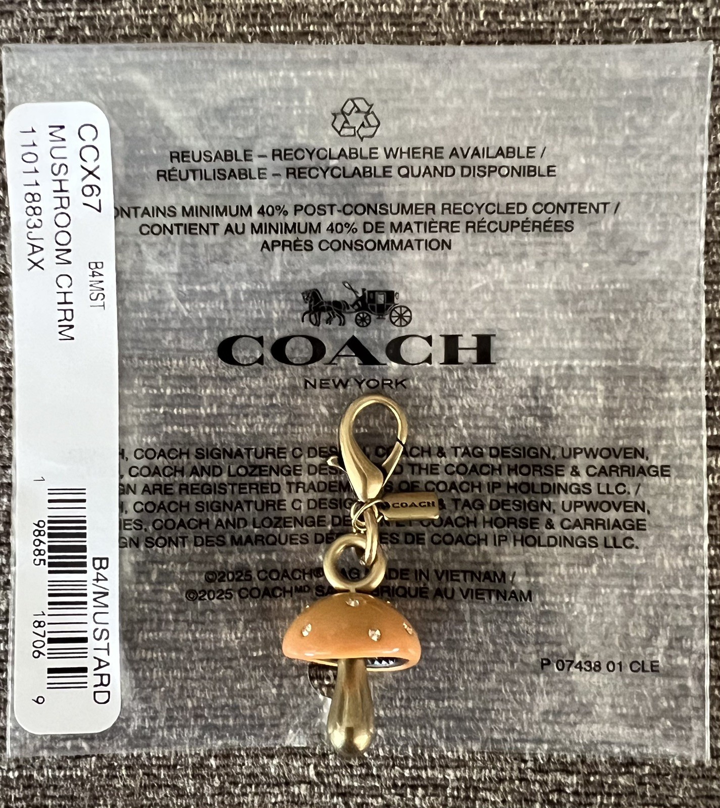 Genuine Coach 2.25” Green Suede Leather Hangtag Orange / Brass Mushroom New