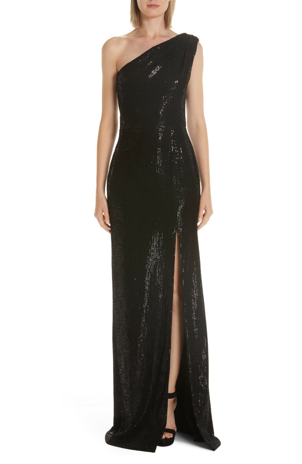 HANEY Black One Shoulder Sequin Embellished Velvet Hi-Slit Maxi Gown Dress 6 = S