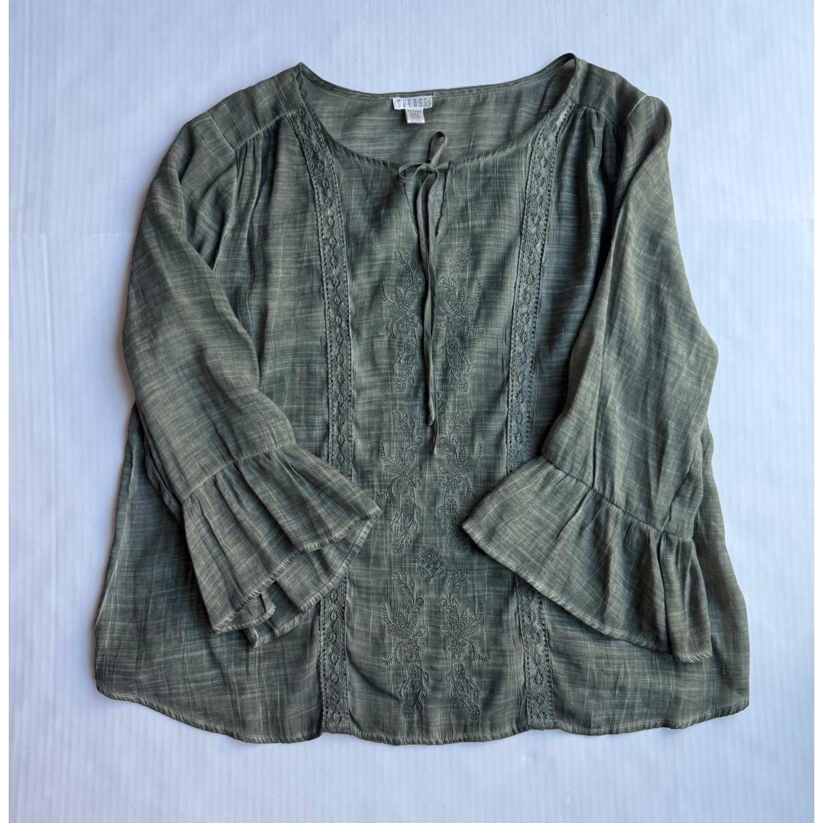 Spense Olive Green Embroidered Boho Blouse Lace Trim Ruffle Sleeve Top XL