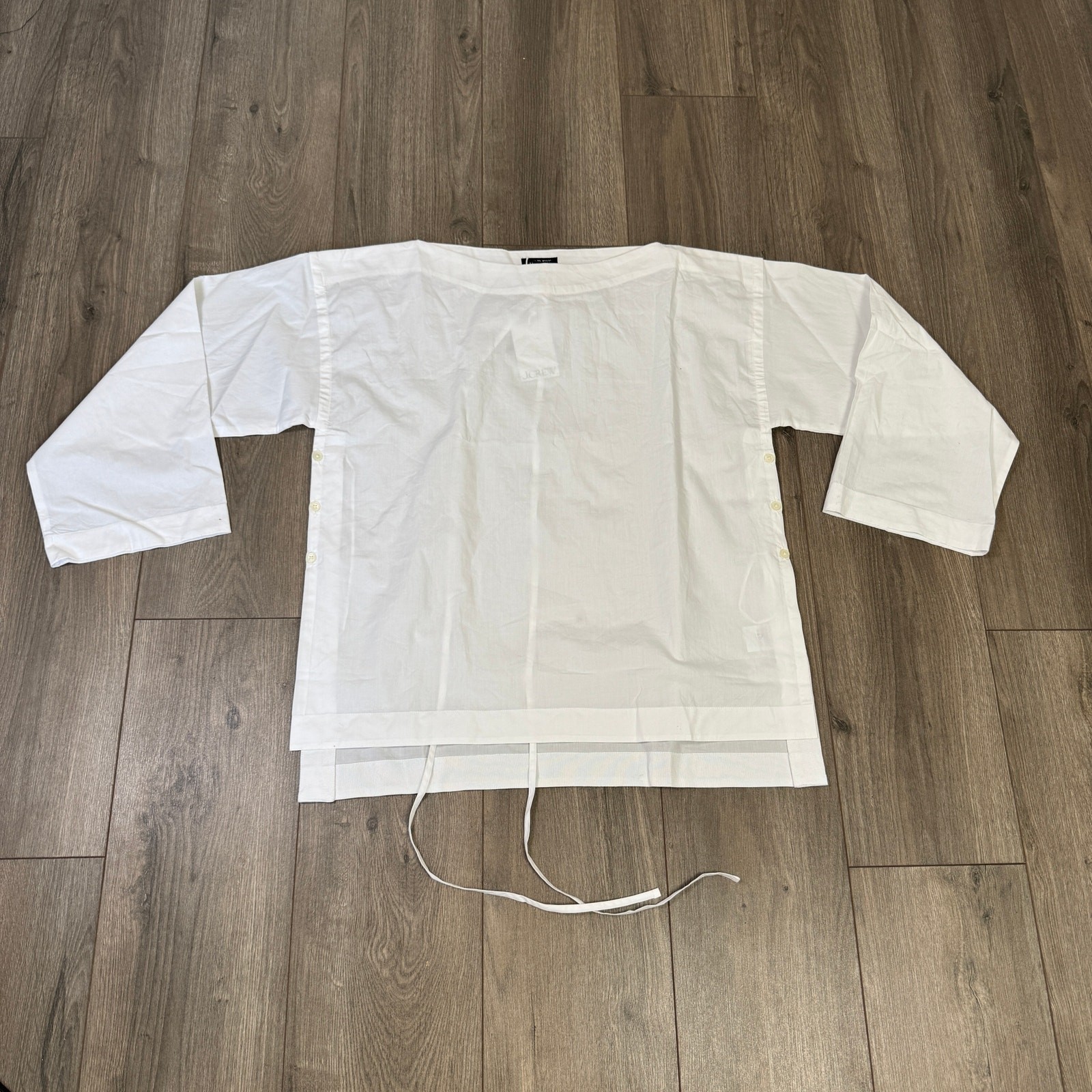 J.Crew Ciel Top WMNS M White Poplin Boatneck Side Button Waist Tie Long Sleeve