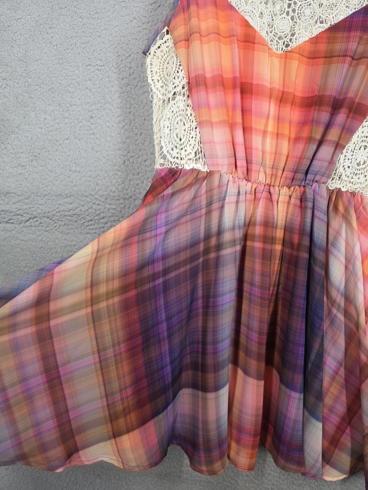 Plaid Fit And Flare Dress Medium GB Crochet Trim Orange Purple Sundress Knee Lgt
