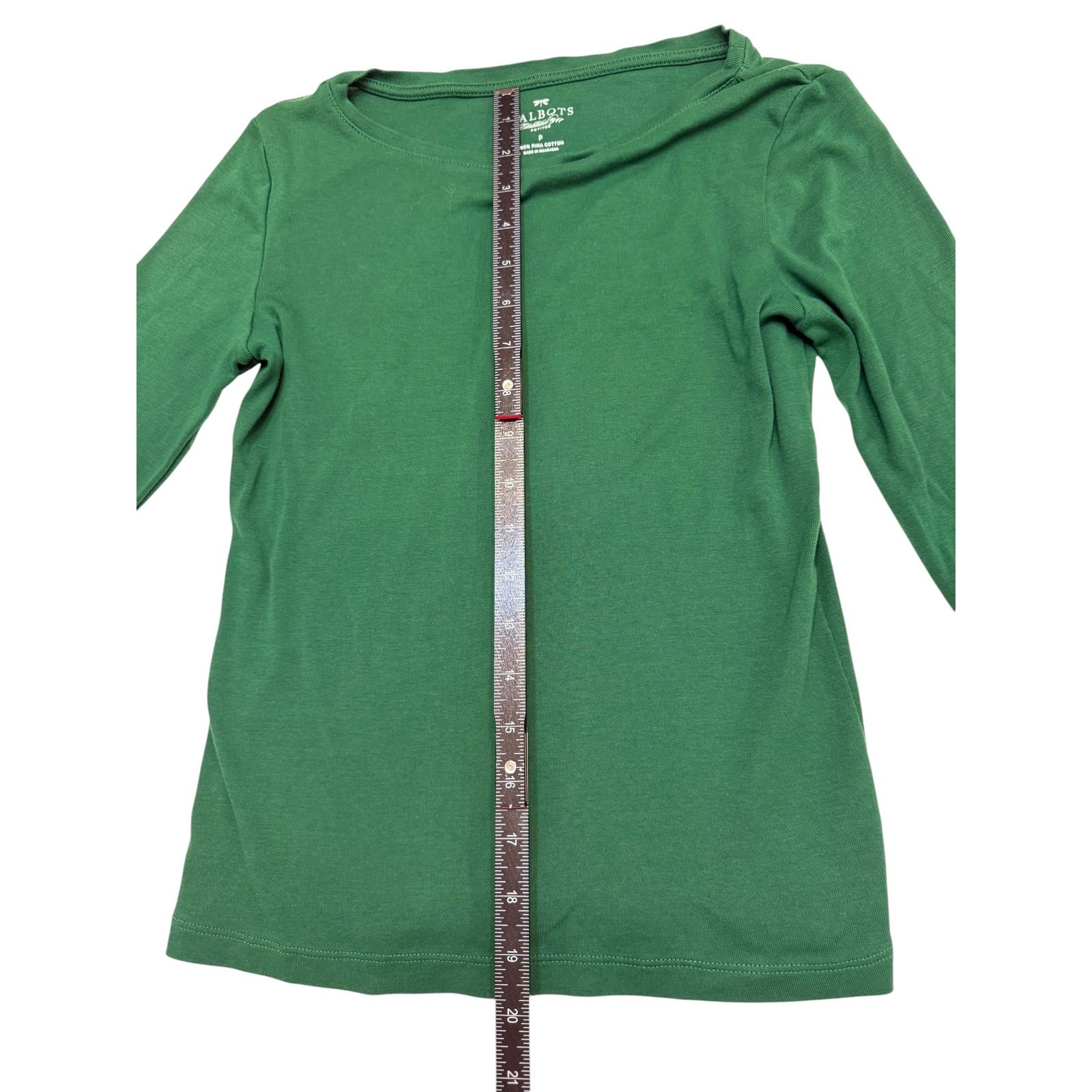 Talbots Green 100% Pima Cotton Boatneck 3/4 Sleeve Top Petites P Small