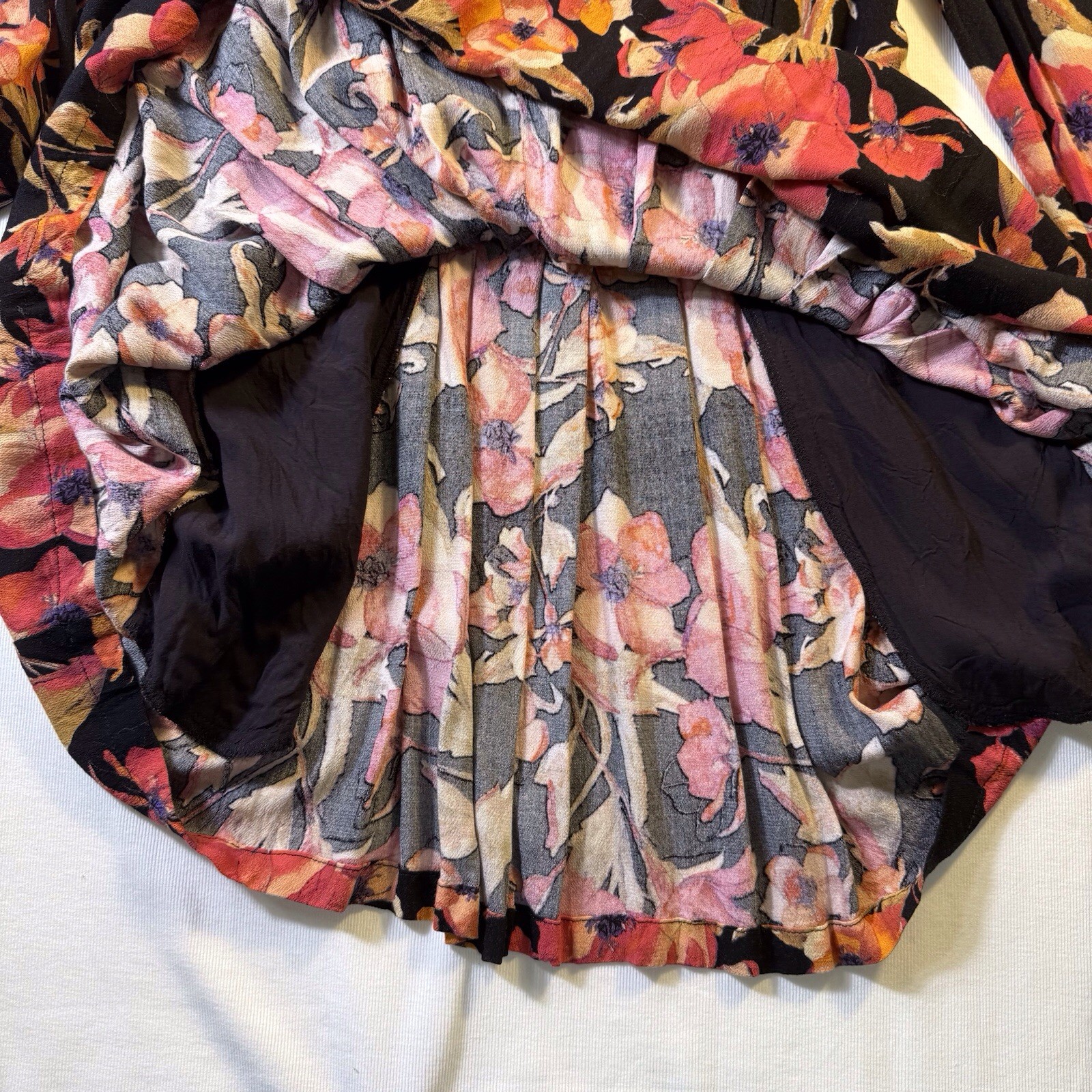 Free People Tegan Mini Dress 4 Floral Print Long Bell Sleeve Keyhole Black Coral