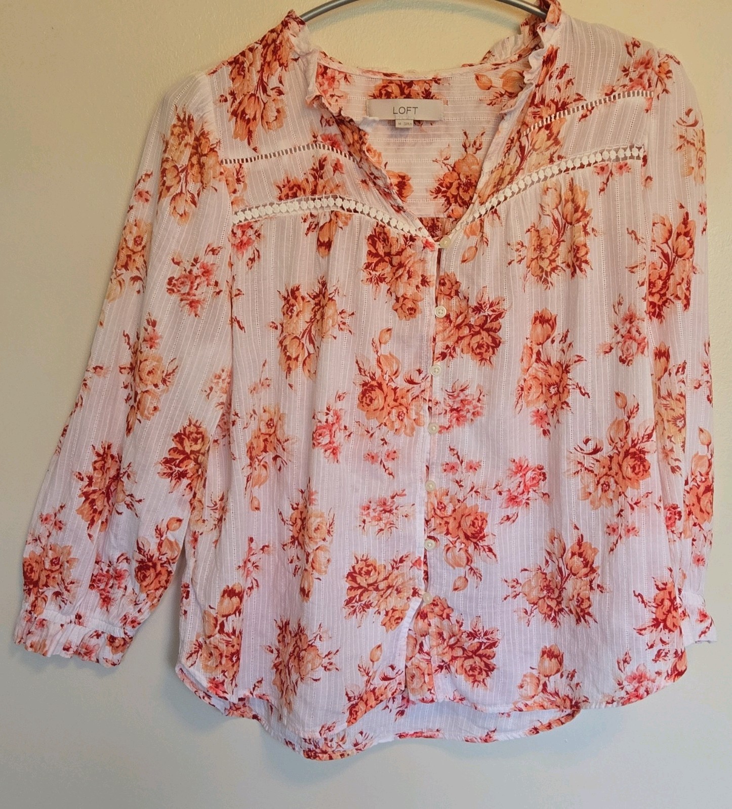LOFT Women’s M White Orange Floral 3/4 Sleeve Cotton Button Up Blouse Cottage