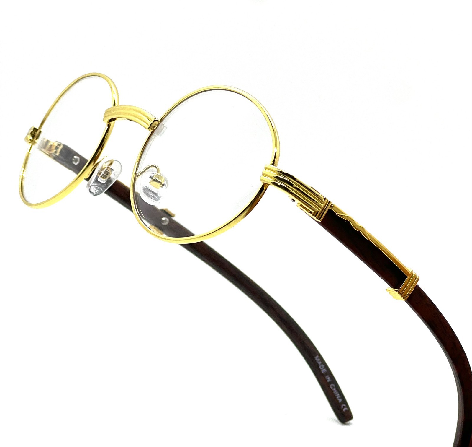 Mens Hip Hop 18k Gold Frame Oval Shape Clear Lens Wood Grain Retro Eye Glasses
