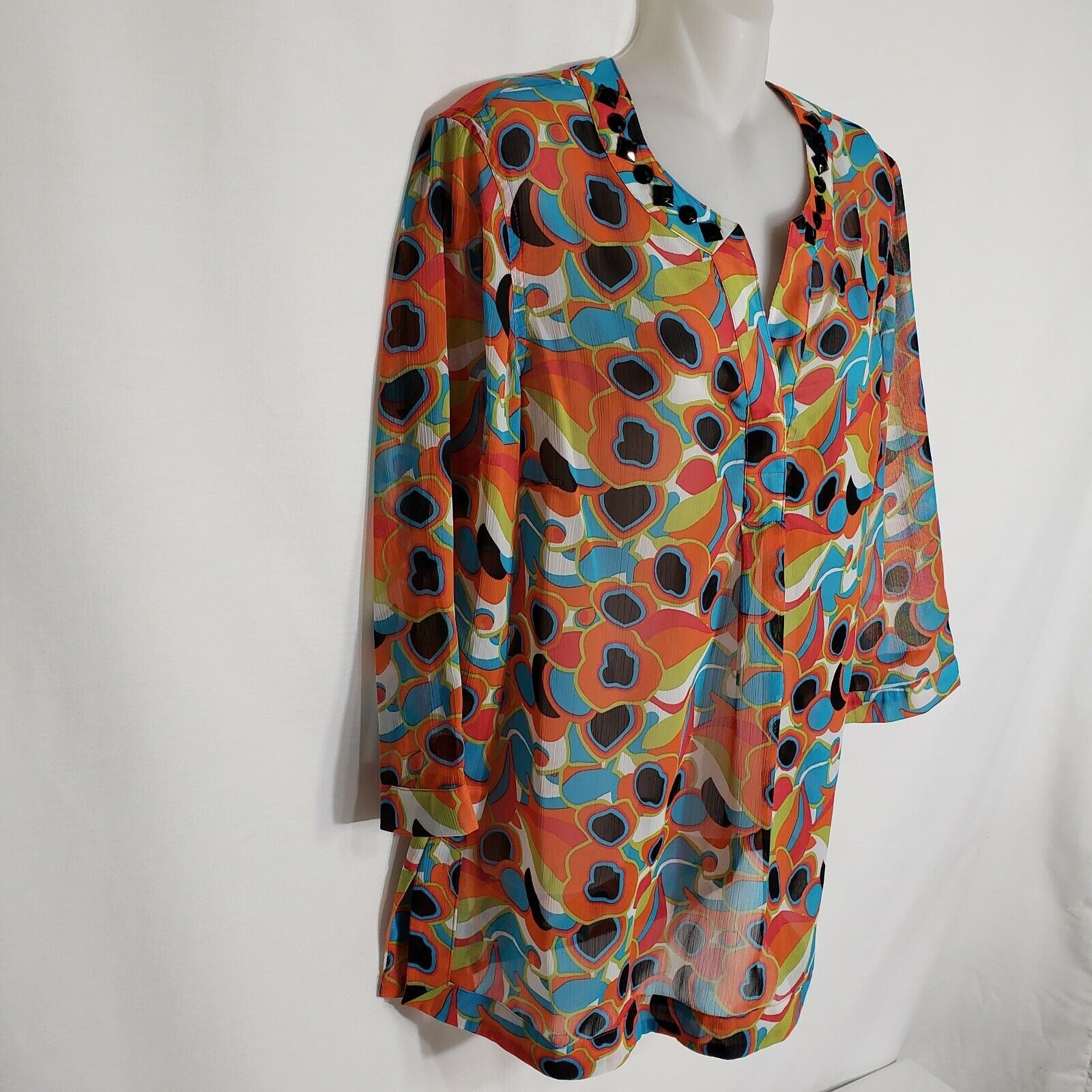 Evan Picone Womens Top Size 6 Tunic 3/4 Sleeve Semi Sheer Blouse Jewel Neckline