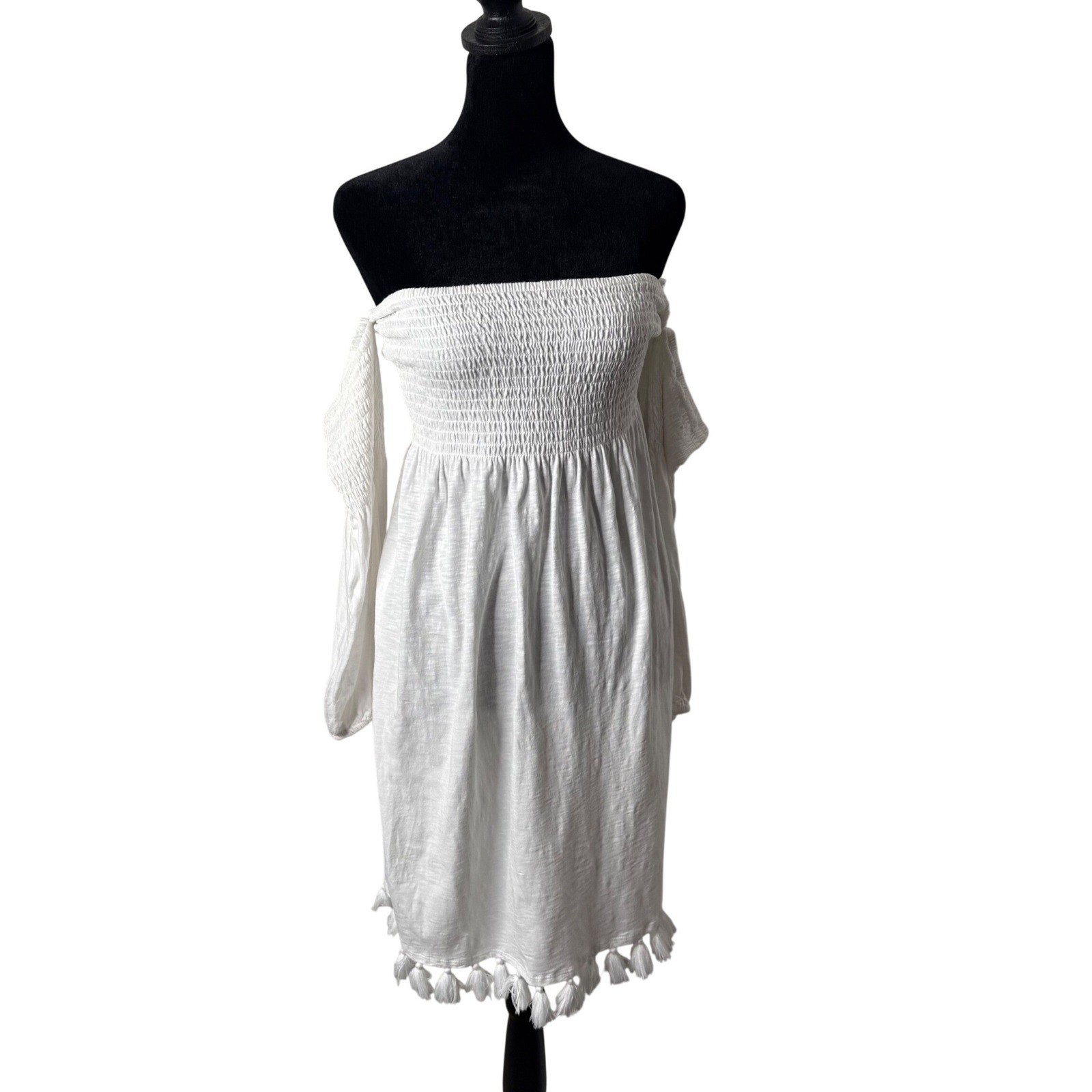 Lilly Pulitzer Trina Beach Dress White Smocked Off the Shoulder Tassels Size S