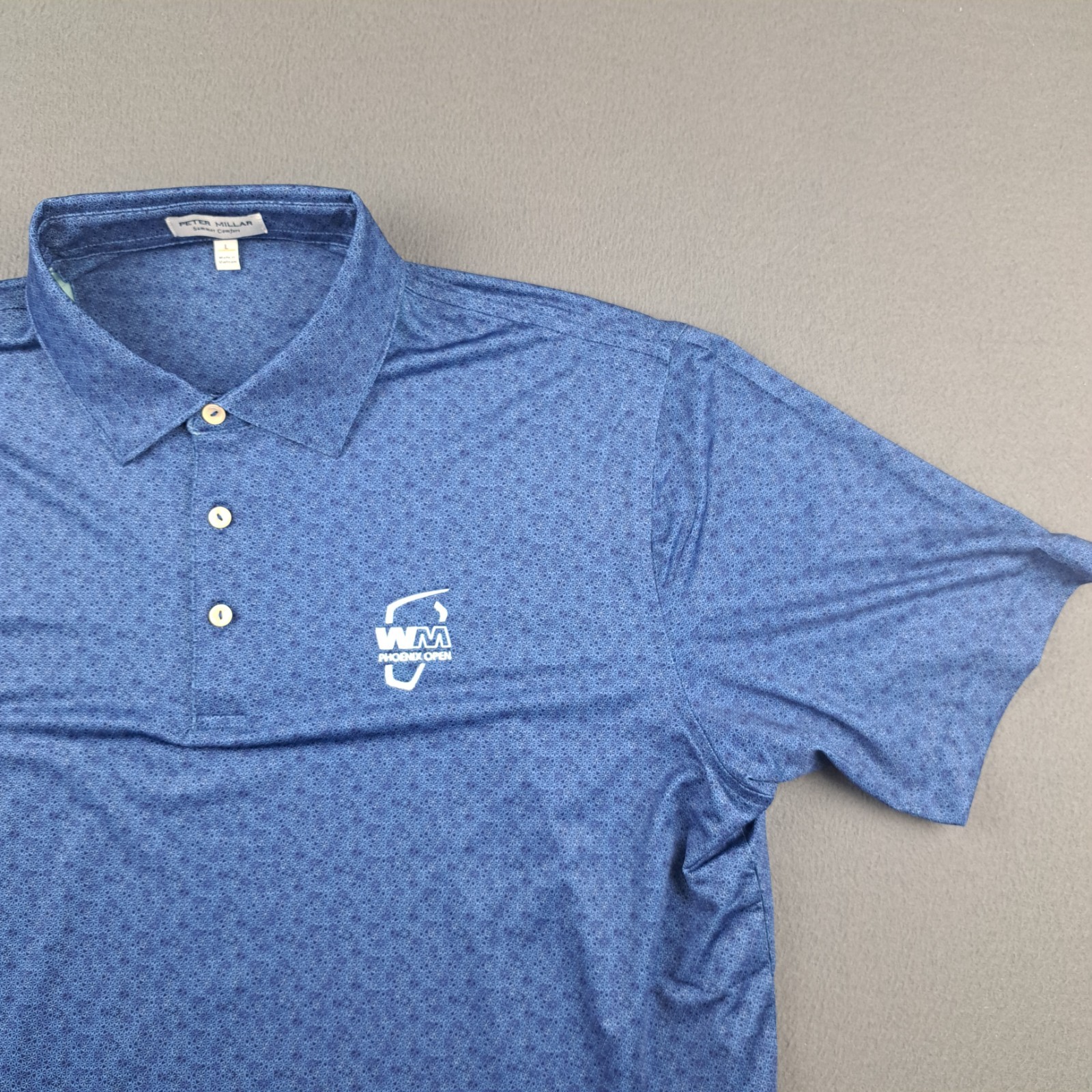 Peter Millar Summer Comfort Polo Size Large Blue Waste Management Open Geometric