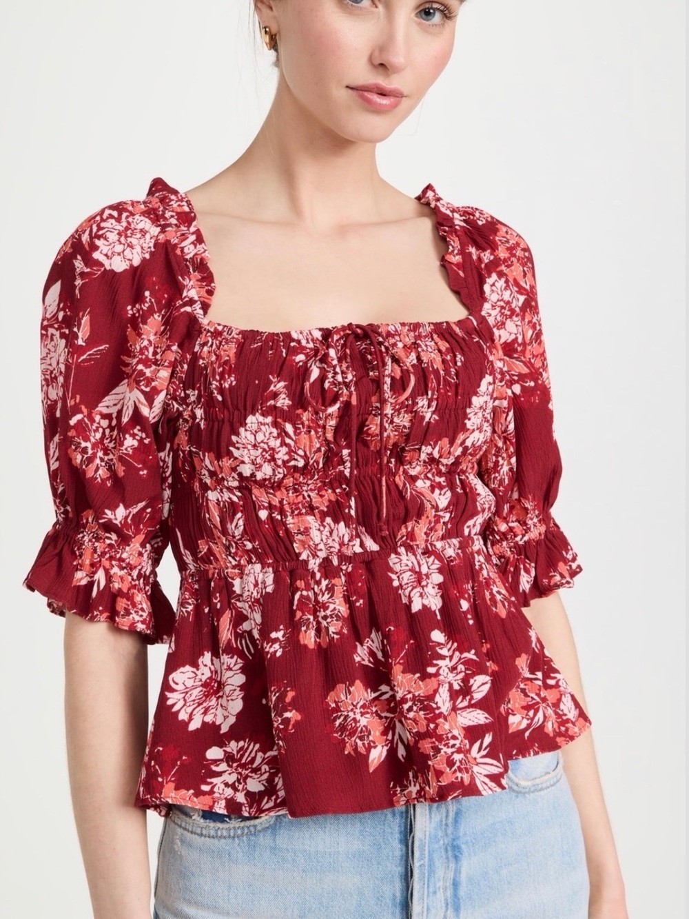 ❤️ Playa Lucia Smocked Square Neck Floral Puff Sleeve Top ❤️ Size Medium
