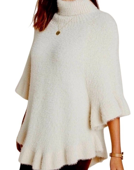 Akemi + Kin Falling Snow Fuzzy Ruffled Poncho Sweater One Size Anthropologie