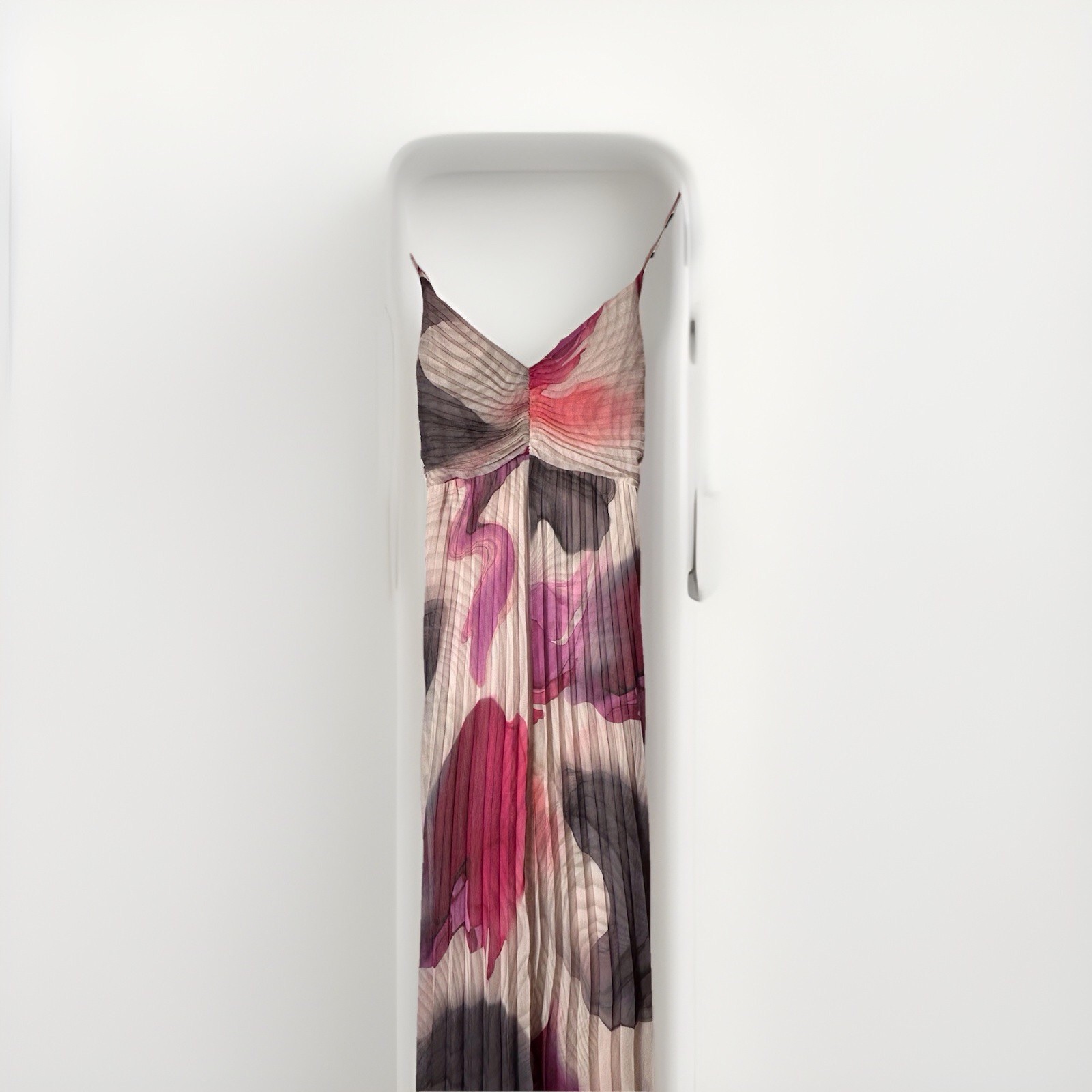 Pleated Watercolor Maxi Dress M Pink Gray Abstract Boho Psychedelic Swishy
