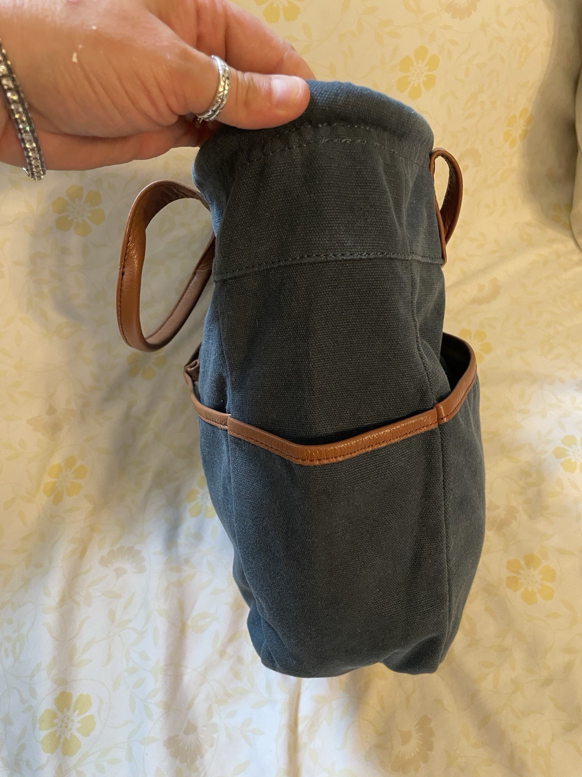 LEVENGER Blue Navy Dark Denim Canvas Brown Leather Medium Pocket Tote Bag Purse