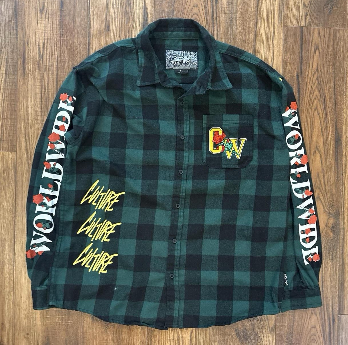 CLOT Men’s Green/Black Plaid Button-Up Shirt Long Sleeve S Embroidered Pockets