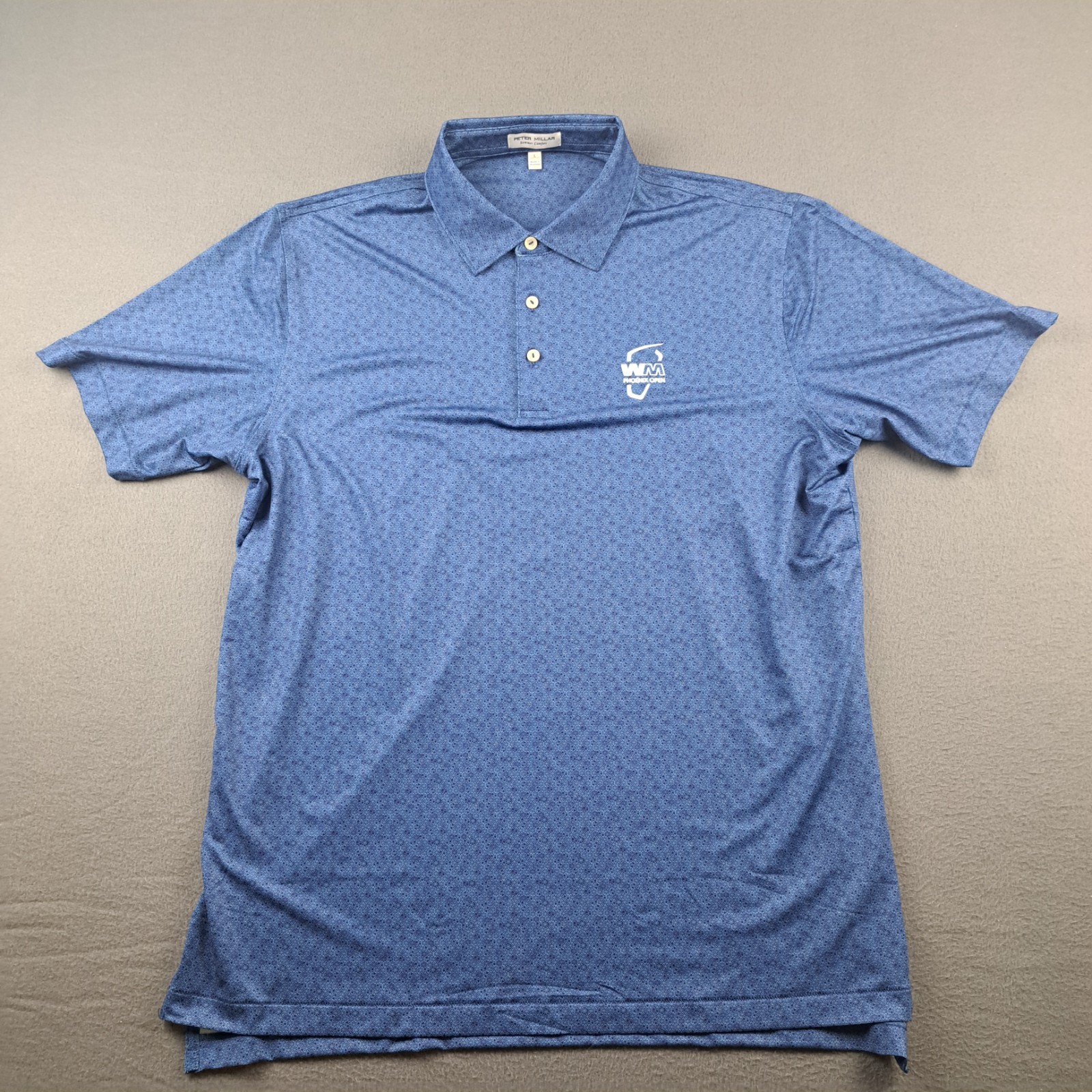 Peter Millar Summer Comfort Polo Size Large Blue Waste Management Open Geometric