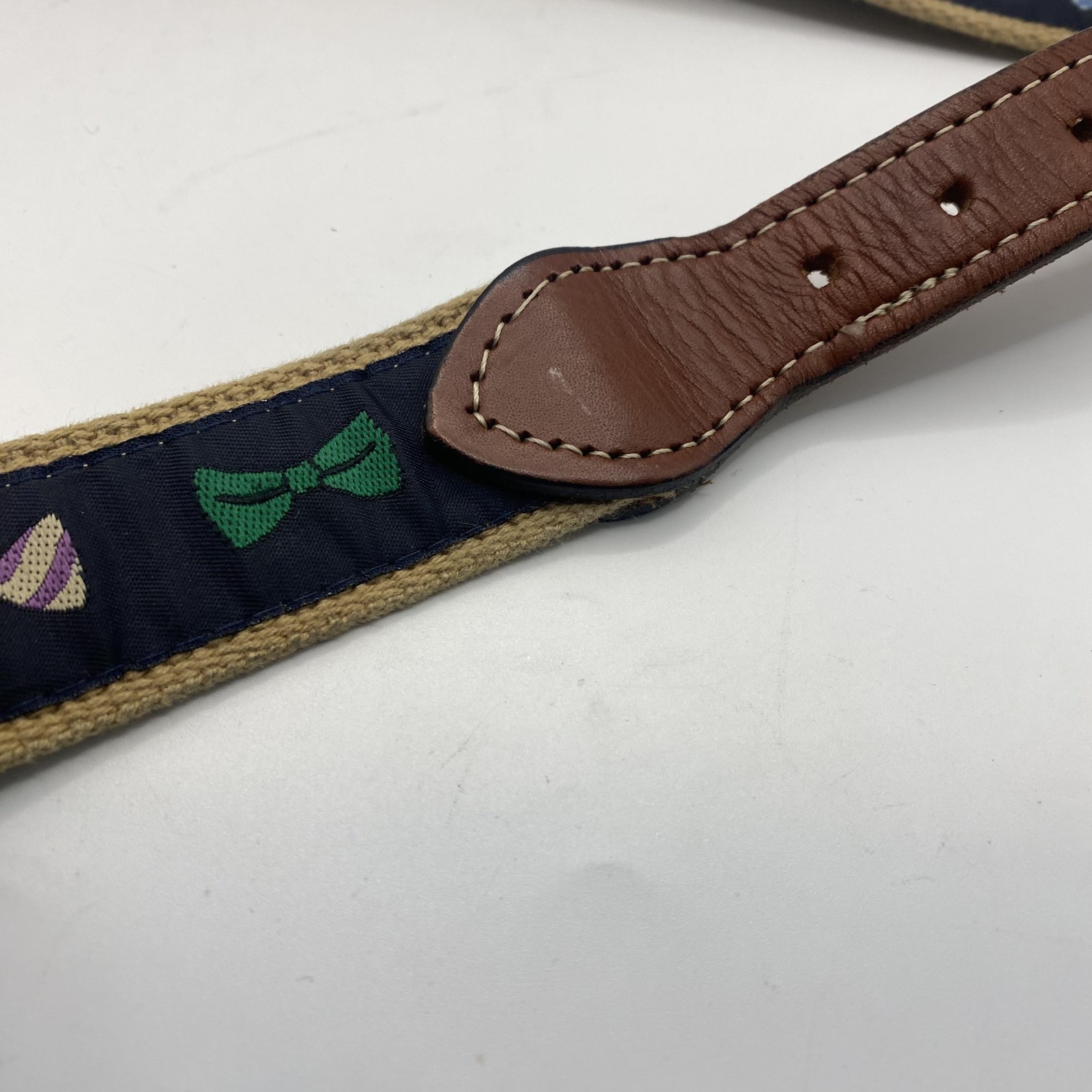 Bow Tie Ribbon Web Belt Mens 32 Navy Canvas Leather Brass Buckle Preppy