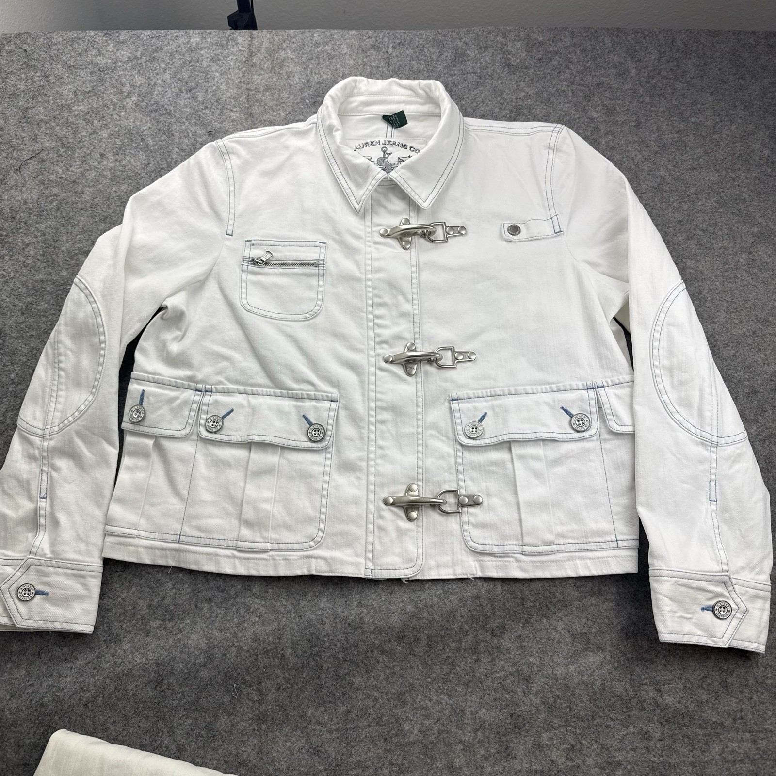 Ralph Lauren Firemans Jacket Womens XL White Lobster Clasp Button Cargo Pockets