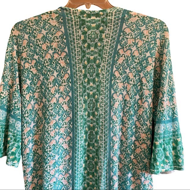 Chicos Soft Tile Stripe Duster Cardigan Sweater 2 L Turquoise Boho Open Front