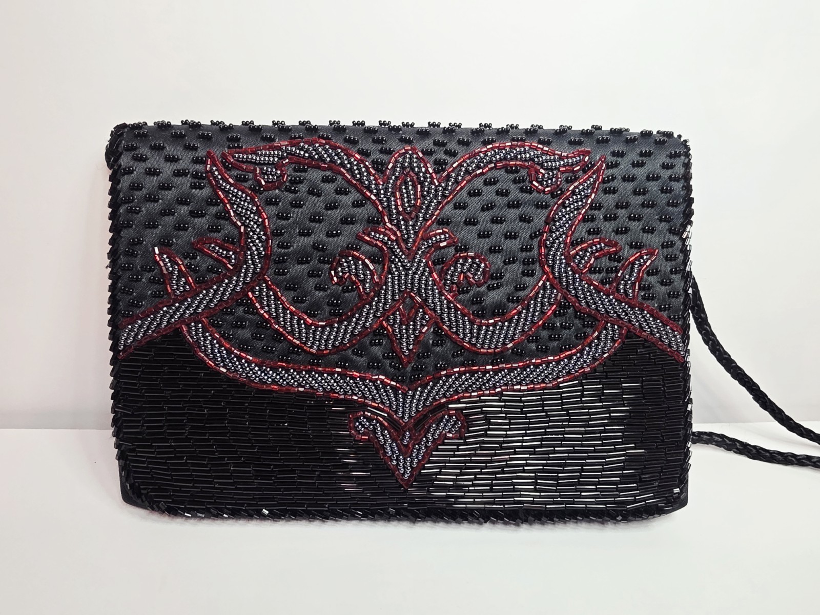 1990’s Black Silver Red Beaded Black Satin Evening Clutch Shoulder Bag 7.75×5.3″
