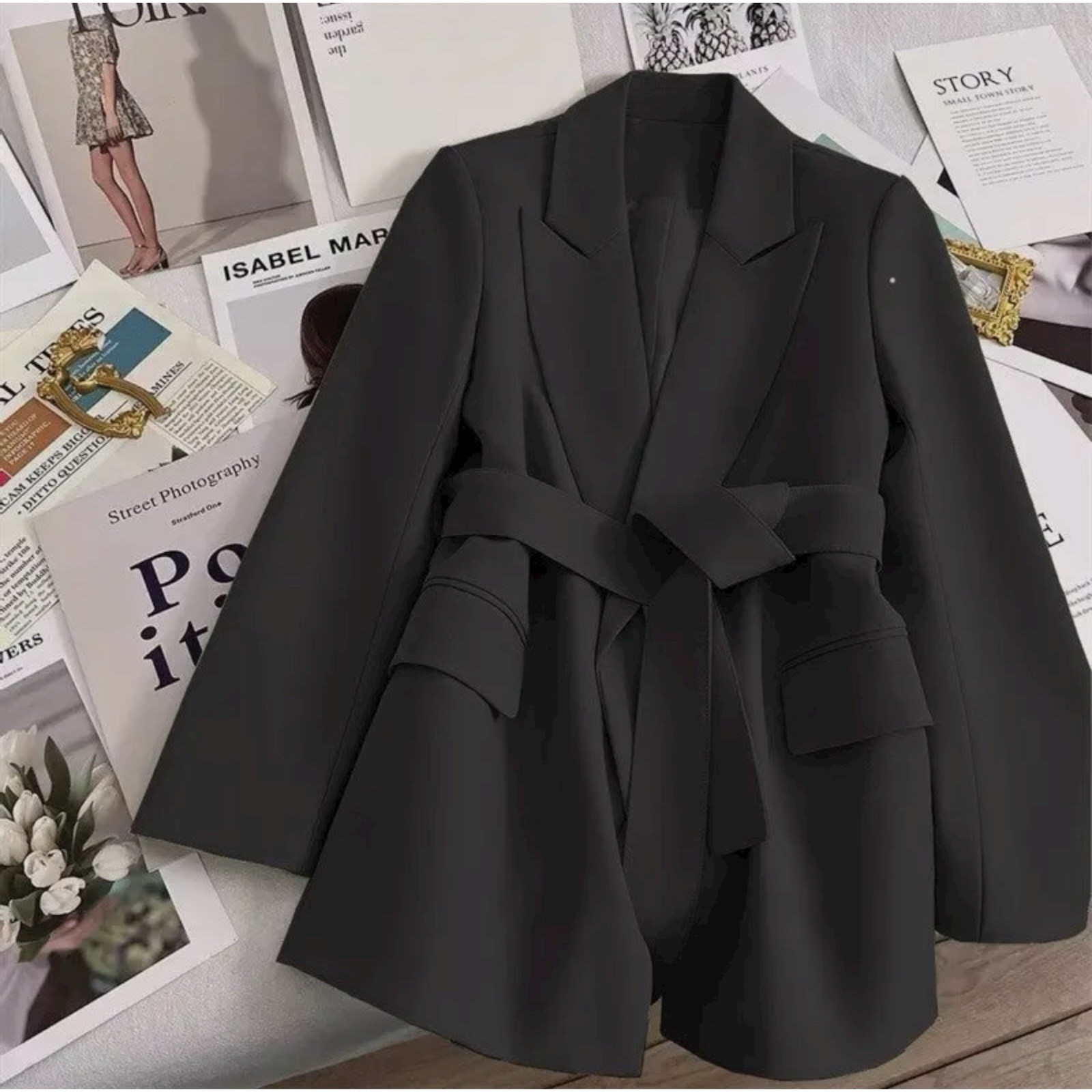 Women Elegant Suit Jackets Blazer Black Waist Ribbon Tie Up Sz 2XL Front Pockets