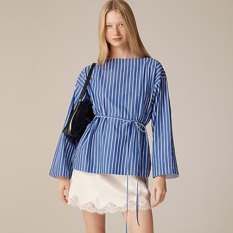 J.Crew Ciel Top WMNS L Deep Sea Stripe Poplin Waist Tie Side Button Long Sleeve