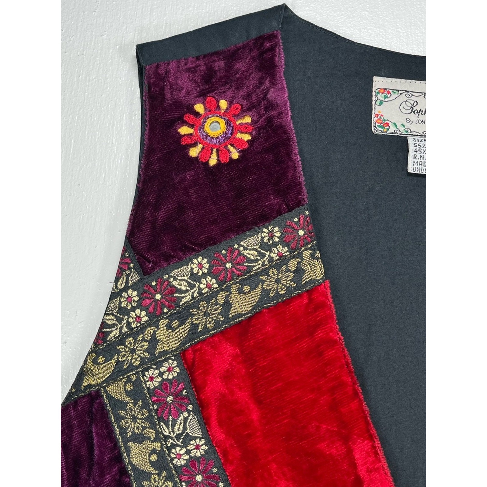 Vintage 1990s Velvet Patchwork Vest Embroidered Button-Up Medium Jewel Tones