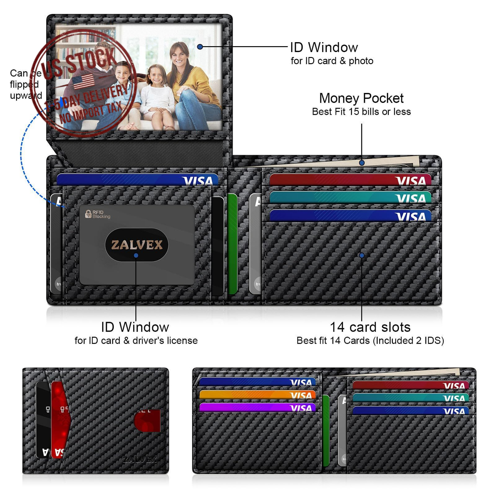 Slim RFID Blocking Leather Wallet for Men Bifold Credit Card Holder 14 Cards ID