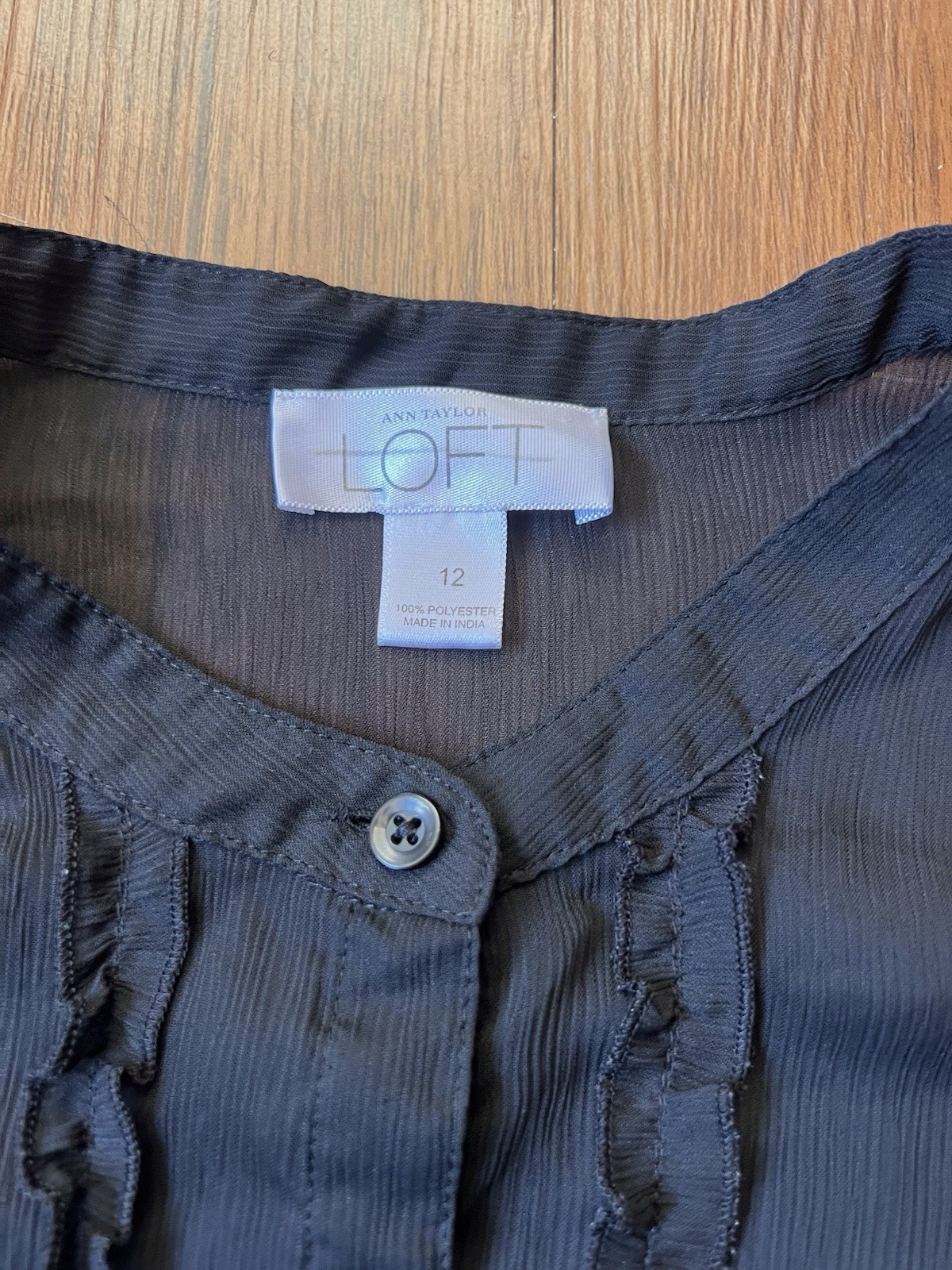 Ann Taylor LOFT Shirt Black Ruffle Balloon Sleeve Button Sheer Prairie Victorian