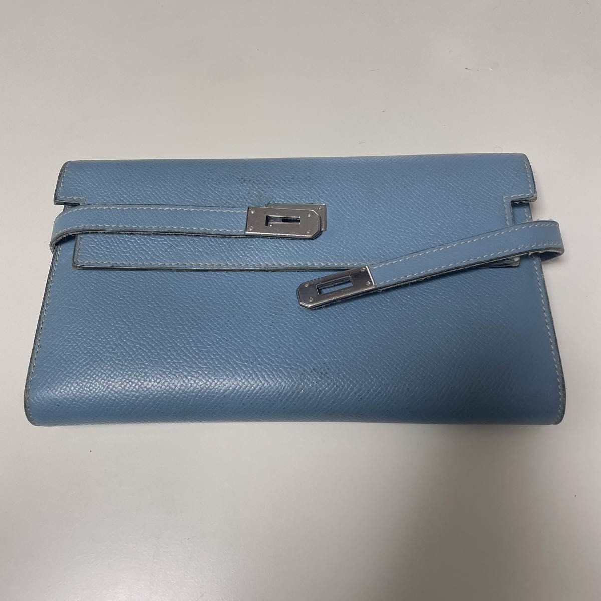 HERMES Paris Kelly Long Wallet Blue Jean Silver Folding Authentic Turn Lock
