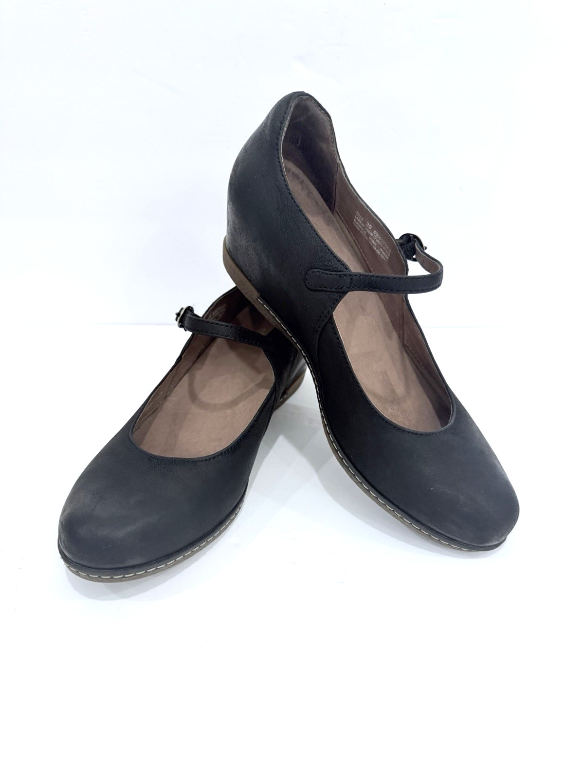 Dansko Womens Loralie Leather Round Toe Ankle Strap Mary Jane Black Wedge 39/8.5
