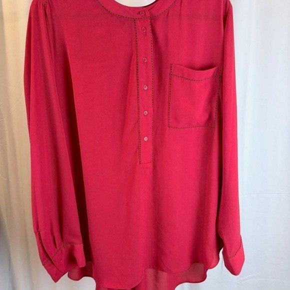 Lane Bryant Womens Plus Size 22/24 Red Henley Blouse Long Sleeve Stitch Detail