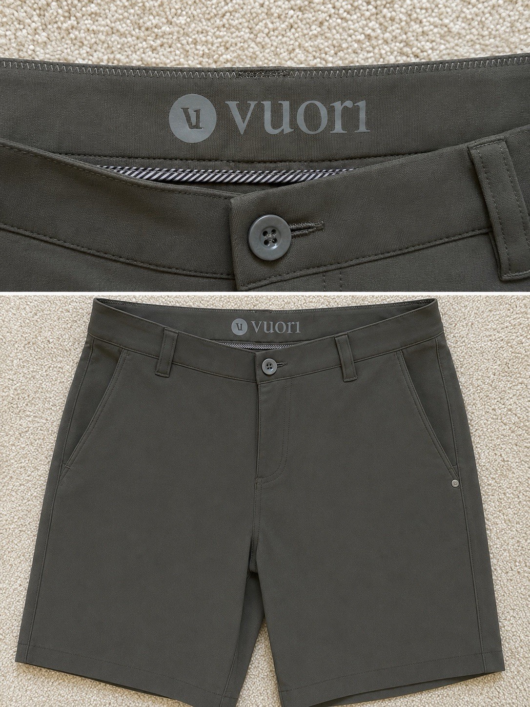 Vuori Men’s Gray Chino Shorts 8″ Inseam Regular Fit Slash Pockets Stretch
