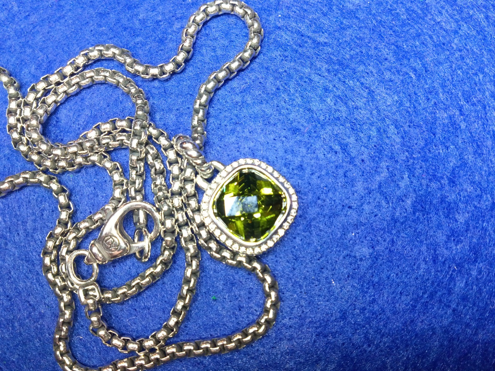 David Yurman Sterling Silver 925 Green Peridot 14mm Necklace 22 Inches W/ Pouch