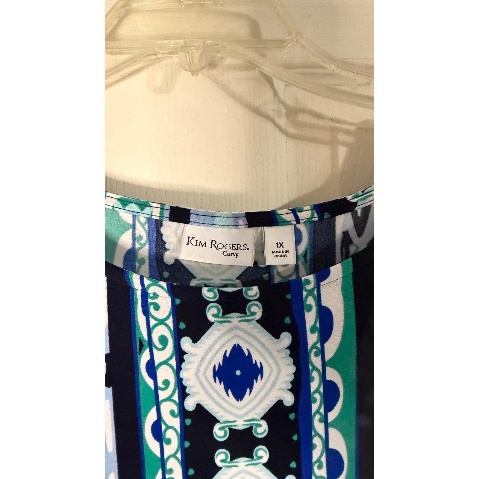 Kim Rogers Curvy Blue Medallion Shift Dress 1X Bell Sleeve Church Casual
