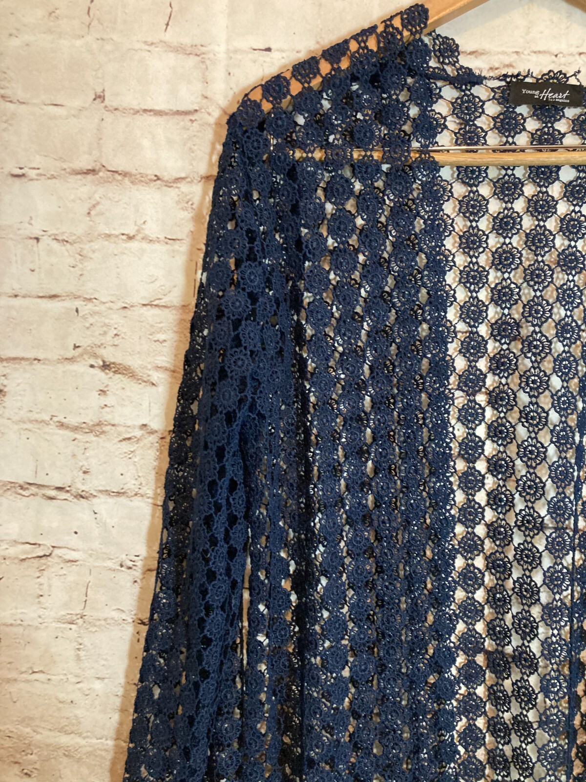 Young at Heart L.A. Top Women Small Navy All Over Crochet Long Length Open Front