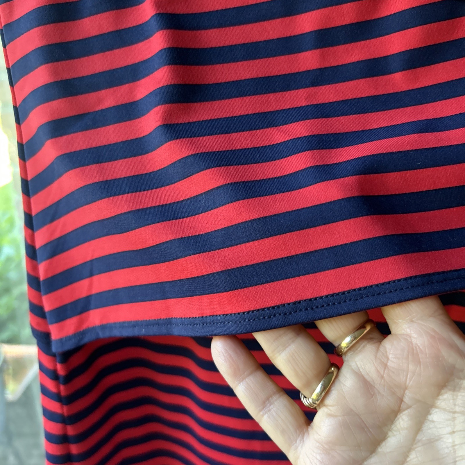 J. McLaughlin Tiered Dress Size S Navy and Red Stripes Catalina Cloth EUC